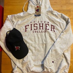 St John Fisher College Champion hoodie. Black cardinal baseball hat